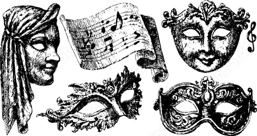 Masks and music scroll vector illustration. Vintage ornate design featuring theatrical elements in black and white.