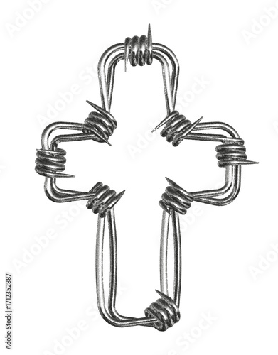 Punk rock design featuring military style barbed wire arranged in the shape of a cross with noise and grain effects included for dramatic emphasis.