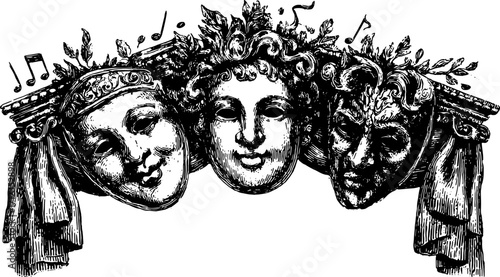 Classic theater masks in black and white. Decorative and expressive vector illustration set with engraved elements.