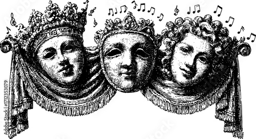 Theater masks depicting music and art in vintage style. Decorative black and white vector illustration of a historical cultural performance set.