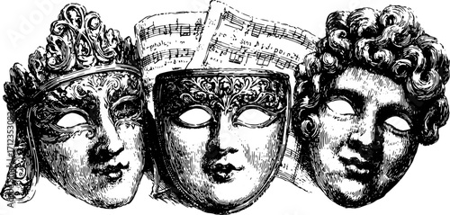 Masks representing theater's expressions illustrated in vintage grayscale style. This artistic vector set highlights theatrical elements and music sheets.