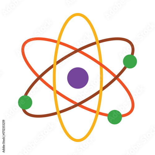 Colorful atom icon in a modern flat design. A symbol of science, physics, and nuclear energy for education and technology concepts, isolated on a white background.
