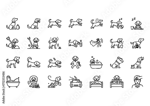 Dog Action Icon Set, Dynamic Dogs in Line Art, 30 Vector Icons of Dog Activities