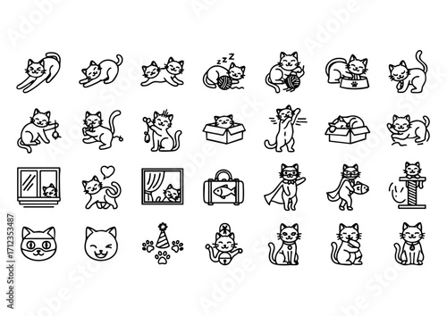 Cat Action Icon Set, Dynamic Cats in Line Art, 30 Icons of Cats at Play