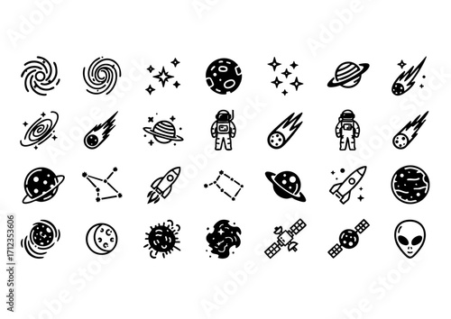 Cosmic Line Art Icons, Galaxy and Space Exploration Set, 30 Vector Icons of the Cosmos