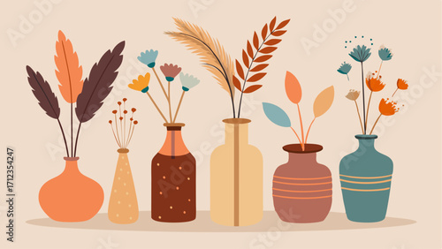 A collection of mismatched vintage vases filled with dried flowers and feathers.