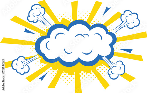 Comic Style Burst Graphic – White Cloud with Blue Outline and Yellow Radial Background