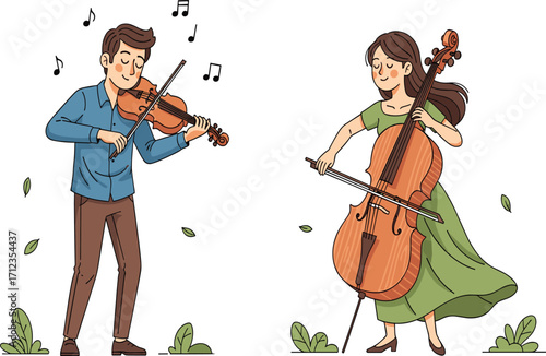 Animated musicians playing violin and cello, outdoor concert, musical performance, nature background, harmony, classical music, string instruments, duet, illustration, vibrant