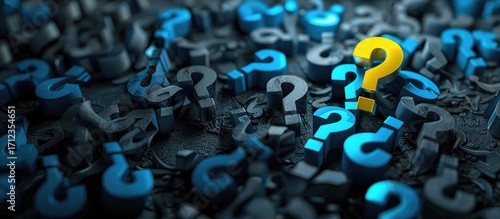 A dense field of blue question marks, with a single, prominent yellow question mark standing out.  The image evokes a sense of uncertainty and the search for answers
