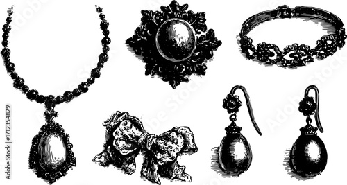 Vintage jewelry set illustration featuring a necklace, brooch, earrings, and bracelet. Detailed black line art vector representation of accessories.