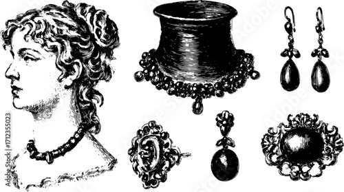 Vintage jewelry illustration featuring a profile of a woman wearing a choker and various accessories. This elegant vector set showcases intricate designs.