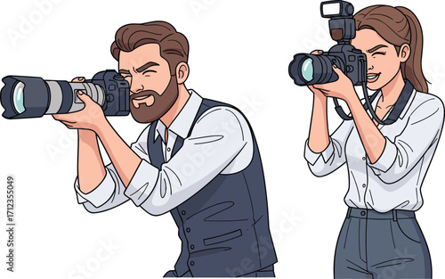 Professional photographers, camera gear, photo shoot, male and female, photography hobby, studio setup, flash equipment, telephoto lens, creative portrait session
