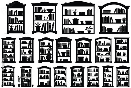 Collection of black silhouette bookshelves filled with books