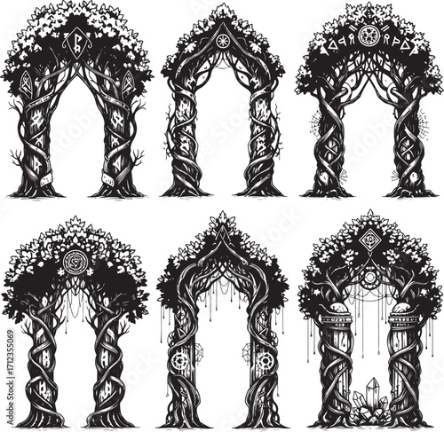 “Hand-drawn mystical elven doorway set with forest and rune engraving elements