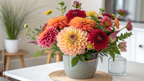 Wallpaper Mural A vibrant dahlia bouquet in a gray vase on a white table with a plant and glass bottle nearby Torontodigital.ca