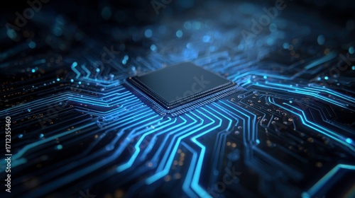 Close-Up View of Microprocessor Chip on Circuit Board with Glow