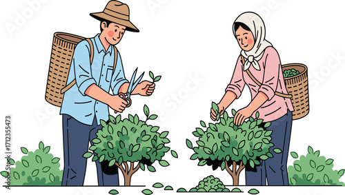 Tea leaf harvesting, traditional farming, manual labor, green bushes, rural workers, woven baskets, agriculture, pruning, headscarf, teamwork, nature, crop collection