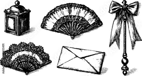 Decorative fans and luxurious accessories set. Vintage style items include a box, envelope, and ribbon in black and white vector illustration.