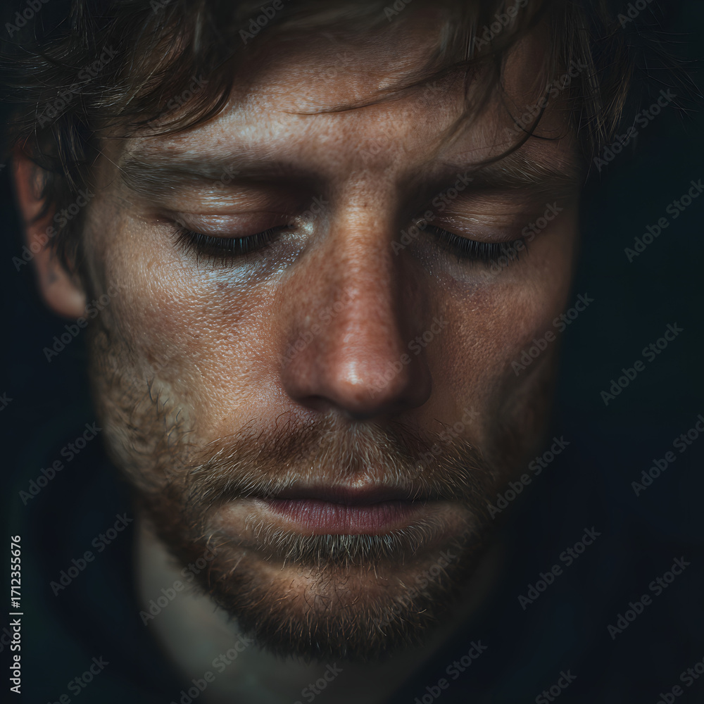 Obraz premium A close-up portrait of a man with his eyes closed, conveying a sense of deep thought or sadness