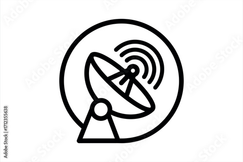 Black outline satellite dish icon with signal waves on white background antenna communication