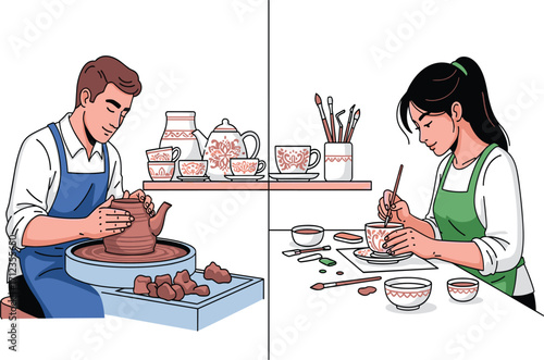 Pottery making, ceramic painting, artisan crafts, handmade ceramics, clay wheel, brushwork, creative process, studio art, traditional pottery, floral design