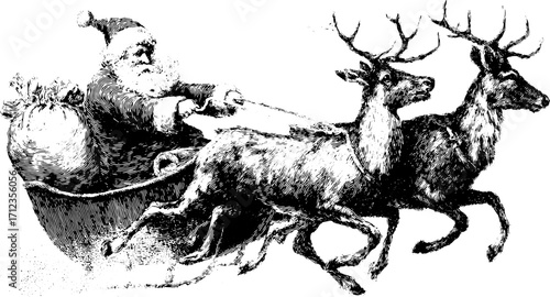 Santa in a vintage sleigh pulled by reindeer. Black and white vector illustration depicting a winter holiday scene.