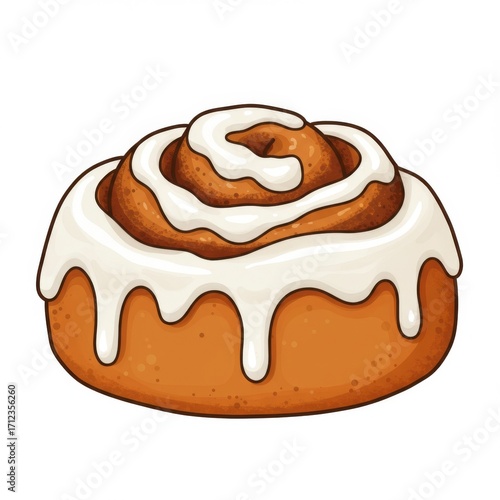 Cinnamon Roll with White Icing Detailed Pastry Illustration on a White Background