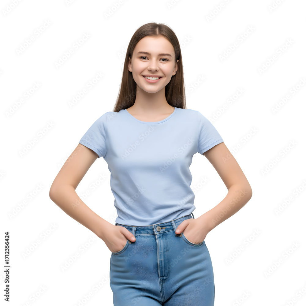 Obraz premium beautiful young woman posing with cheerful smile, hands in pocket isolated on white background