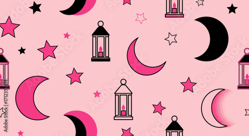 Seamless Vector Pattern with Crescent Moon Star and Lantern Elements in Minimalist Pink and Black Colors