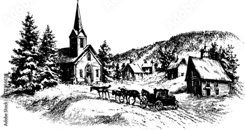Village scenery featuring a church and horse-drawn carriage. Black and white vector illustration depicting a rural winter landscape set.