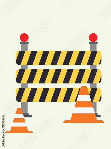 Illustration of a striped yellow and black barrier with traffic cones, indicating construction or restricted access.