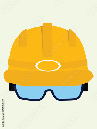 Vector illustration of a yellow hard hat with safety goggles, isolated on a light background.