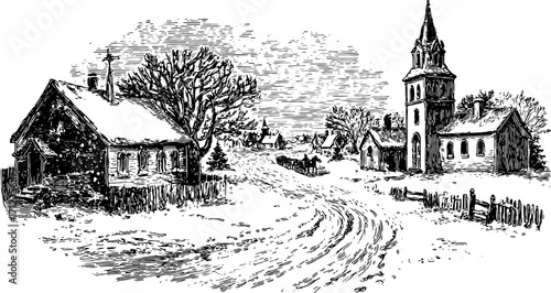 Village scene in winter with snow-covered houses and a church. Black and white vector illustration showcasing a tranquil rural landscape with trees and a path.