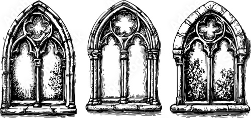 Gothic window arch drawing in black and white. Detailed stone structure with decorative elements. Historical vector illustration for art reference.