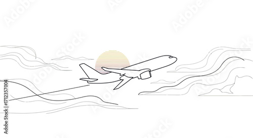 Minimalist Airplane Vector Illustration with Sunset and Cloud Line Art