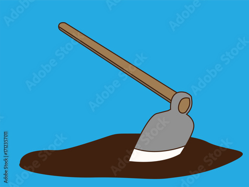 Illustration of a hoe digging into brown soil against a light blue background.
