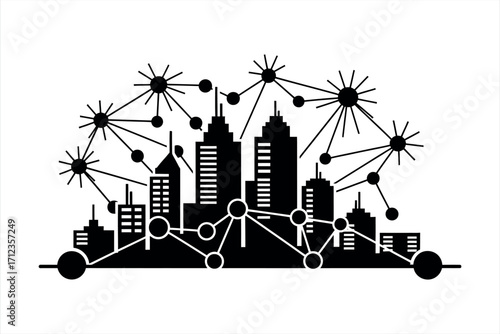 Black silhouette cityscape with interconnected nodes and radiating lines black and white urban