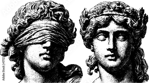 Classical statue set of twin figures, one blindfolded. Detailed black and white vector illustration showcasing craftsmanship and historical significance.