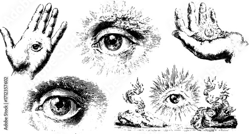 Eye in a hand, stylized vintage illustration. Surreal graphic concept with black and white contrast in an artistic vector design.