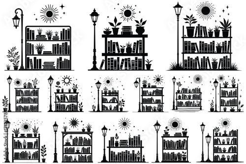 Collection of black silhouette bookshelves with plants and suns