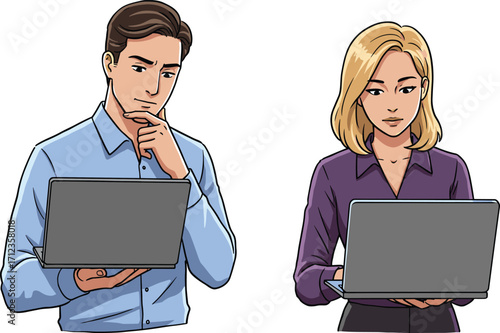 Man and woman holding laptops, thoughtful professionals, business people, digital work, remote office, technology users, online collaboration, modern workplace, focused workers, computer users