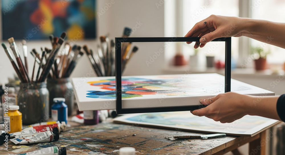 Obraz premium Artist's hands framing colorful abstract painting with brushes and paints on table artistic studio ambiance