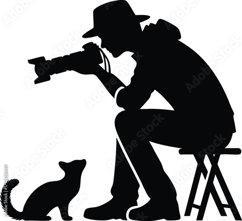 Black silhouette of a young photographer with his pet vector illustration isolated on a white background