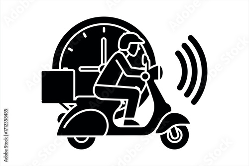 Black silhouette of a person on a scooter with a delivery box and clock rider helmet