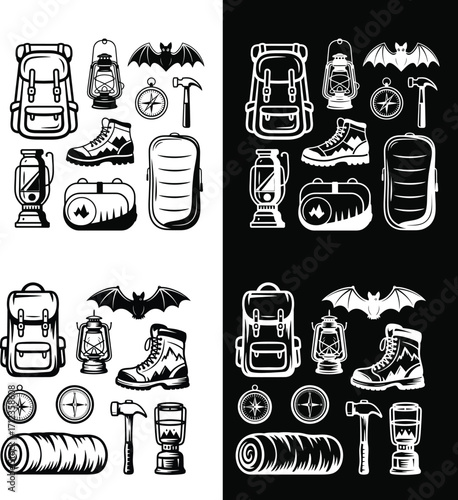 Backpack boots lanterns compass hammer bat sleeping bag