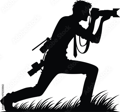 Black silhouette of a young photographer with a camera vector illustration isolated on a white background