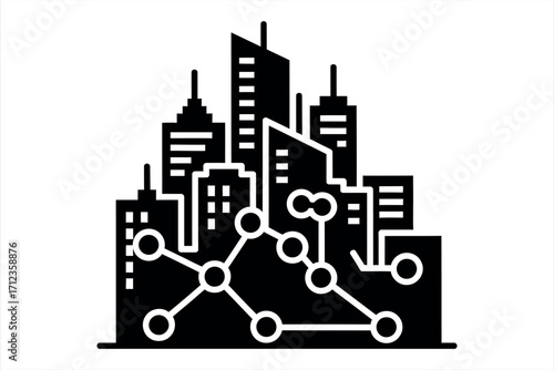 Black silhouette of interconnected nodes overlaid on city skyline black and white network