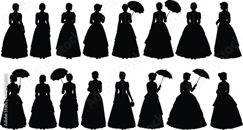 Victorian women silhouettes in elegant 19th century dresses with parasols, historical fashion vector illustration for costume design and vintage art