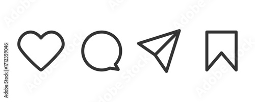 Set of icons like comment, share, save, like media button. Outline icon heart arrow direct message interface