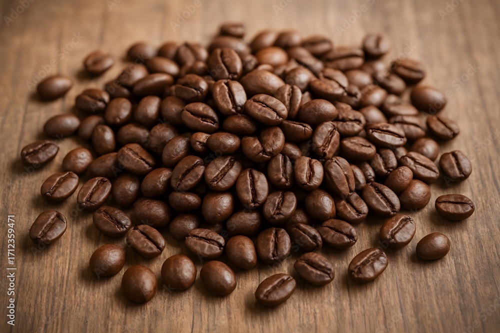 Obraz premium A close-up, low-angle shot of a pile of roasted coffee beans scattered on a textured wooden surface, highlighting their rich brown color and glossy texture. The background is softly blurred.